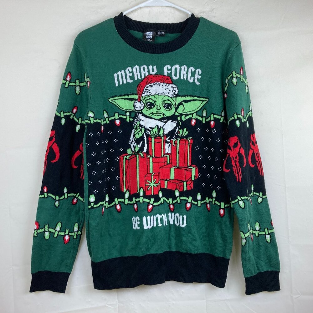 Star Wars Christmas Sweater Mens Sz M/ L The Mandalorian Yoda Green Holiday